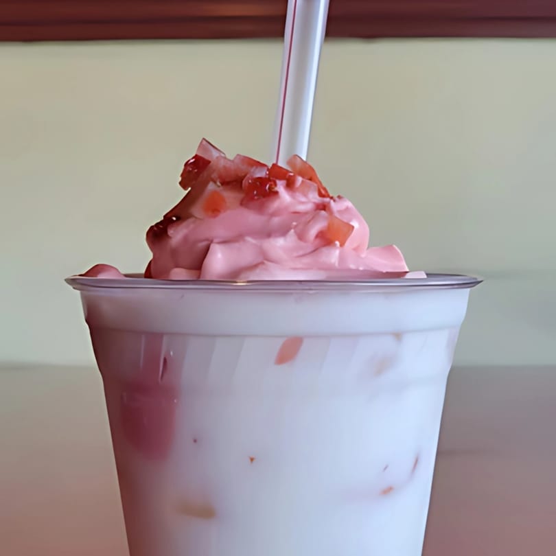 A Vietnamese strawberry smoothie with whipped cream and diced fruit in a clear cup.